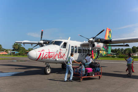 BOCAS DEL TORO, PANAMA - MAY 06: Aircraft of Nature Air in the international airport of Bocas del Toro in Panama on May 06, 2014. It is the world's first carbon neutral airlineのeditorial素材