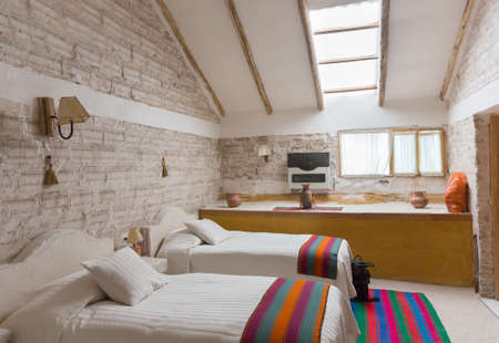 PUERTO CHUVICA, BOLIVIA - JANUARY 13, 2013: Interior of the hotel made from salt bricks on January 08, 2013 near salt lake Salar de Uyuni, Boliviaのeditorial素材