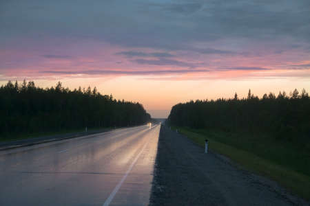 country wet road against the background of spruce forest and pink skyの写真素材
