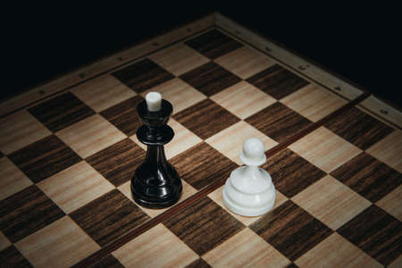 White pawn against the black king on the chessboardの写真素材