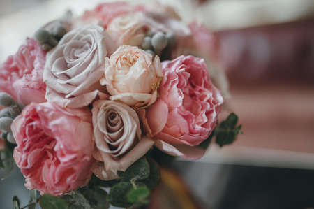 beautiful pink bridal flower bouquet with ribbonsの写真素材