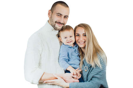 young happy family on a white background, isolatedの写真素材