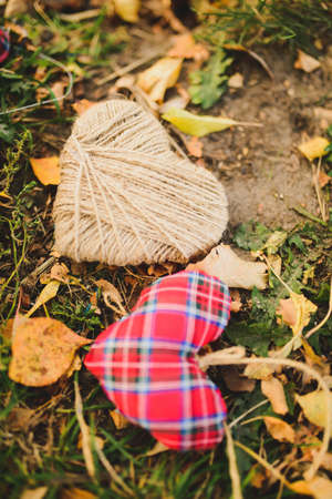knitted hearts on a background of grass and leavesの写真素材