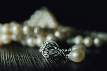 earrings and necklace of the bride on a dark background. wedding preparationsの写真素材