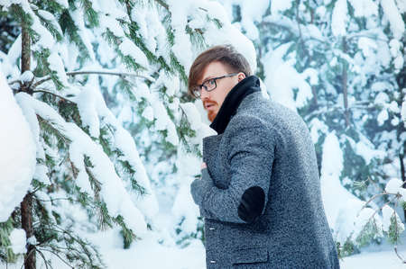 stylish man with a beard in snowy winter forestの写真素材
