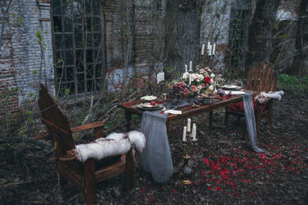 Wedding decoration on nature. Table with meat, flowers and candlesの写真素材
