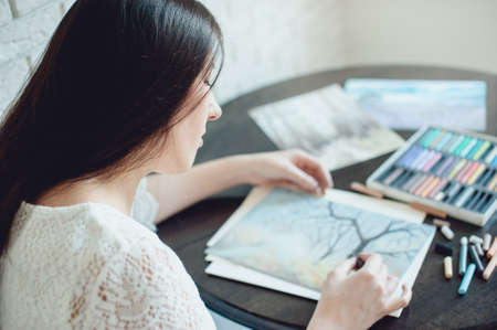 Girl in a beautiful white dress pastel drawing. Artistの写真素材