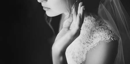 Black and white photo of the bride close-upの写真素材