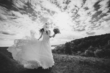Beautiful bride posing in nature. General plan