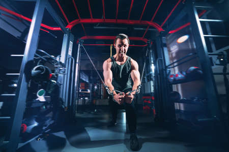 Bodybuilder Is Working On His Chest With Cable Crossover In Gymの写真素材