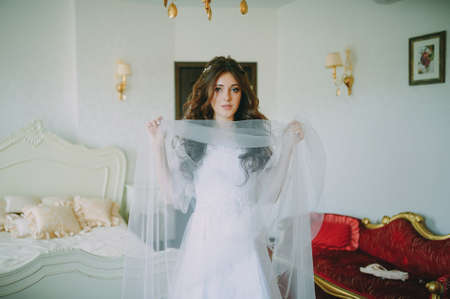 Wedding moring. Bride with blue dress posing in hotel. Marriage conceptの写真素材