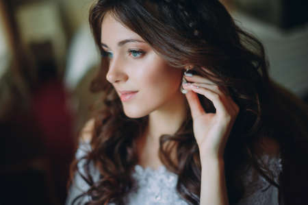 beautiful bride posing in hotel. wedding in the style of fine artの写真素材