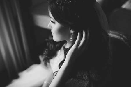 beautiful bride posing in hotel. wedding in the style of fine artの写真素材