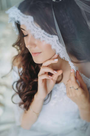 Portrait of the beautiful bride against a window indoorsの写真素材