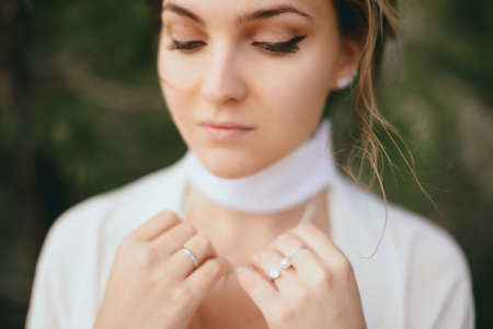 Beautiful bride outdoors. portrait of a beautiful bride in natureの写真素材