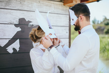 Beautiful bride on the river Bank. Beautiful bride posing.の写真素材