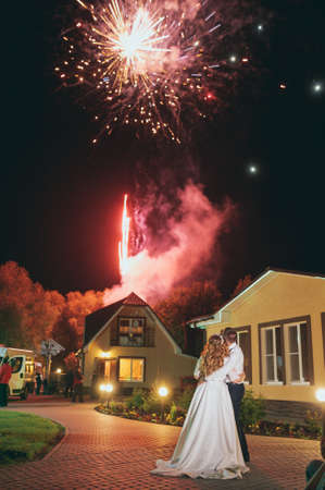Happy hugging bride and groom watching beautiful colorful fireworks night skyの写真素材