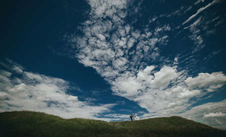 the bride and groom against the sky. expanse. newlyweds walk in nature on the hillsの写真素材