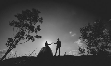 the bride and groom against the sky. expanse. silhouetteの写真素材