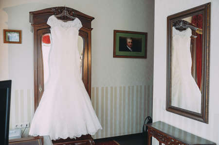 wedding dress of the bride. morning preparations. accessoriesの写真素材