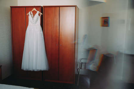 wedding dress of the bride. morning preparations. accessoriesの写真素材