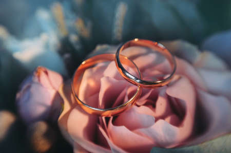 two wedding rings on a bouquet of rosesの写真素材