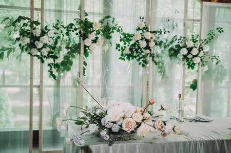 Head table for the newlyweds at the wedding hall.の写真素材
