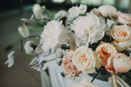 Wedding archway with flowers arranged in park for a wedding ceremonyの写真素材