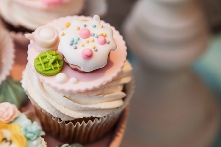 appetizing tartlet, cake basket with white creamの写真素材