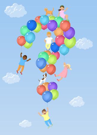 Kids on question mark shaped balloons. Vector illustrationのイラスト素材