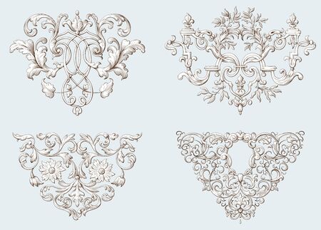 Set of vintage decorative elements with Baroque ornament. Engraving style. Hand drawn vector illustrationのイラスト素材