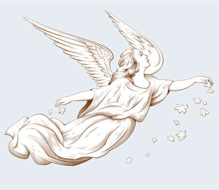 Flying angel scattering flowers. Biblical illustrations in old engraving style. Decor for religious holidays. Hand drawn vector illustration.のイラスト素材