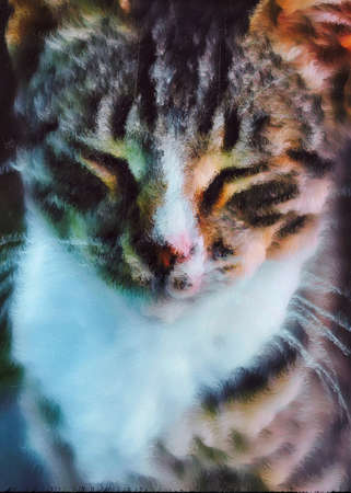 Abstract Cat Geometrical Artwork, Abstract Graphical Art Background Texture, Modern Conceptual Art, Synthwave Aesthetic Poster Print, 3D Renderingの写真素材