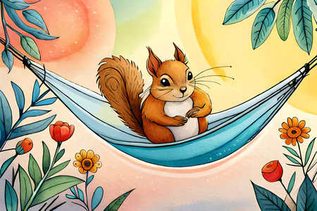 cartoon scene with squirrel in hammock and sun - illustration for childrenの素材