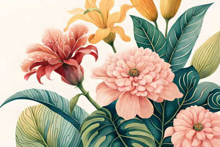 Vintage floral background with tropical flowers and leaves. Vector illustration.の素材