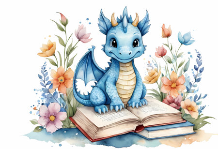 Watercolor illustration of a cute blue dragon with a book and flowersの素材