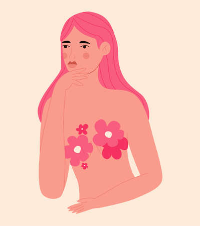 Beautiful young girl with pink flowers. Flowers natural decoration. Spring vector illustration for postcard and poster.のイラスト素材