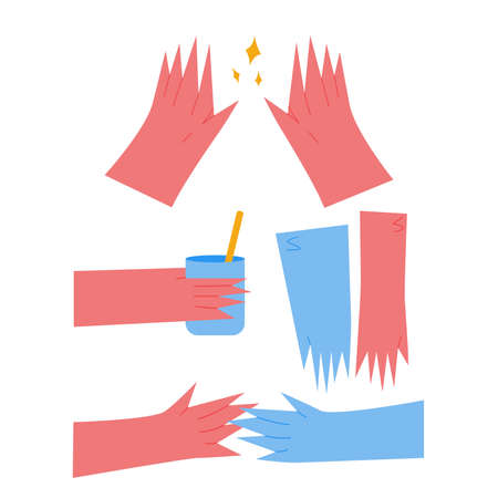 Set of hands in a modern trendy style. A hand holds a glass, the hands of two people touch, the hands show something. Red and blue cartoon hands. Vector illustration.のイラスト素材