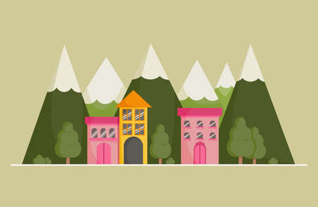 Cute houses and mountains. Spring and summer background for banner,greeting card and poster. Landscape with vacation home. Flat vector illustration.のイラスト素材