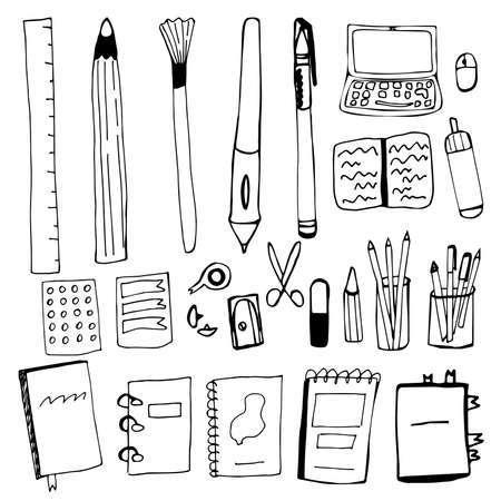 Set of office accessories in hand draw style. Pen, pencil, brush, laptop, computer mouse, sharpener, eraser, notebook, book, notepad, folder on rings in duddle style. Vector illustration isolated.のイラスト素材