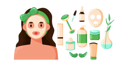 Cute woman in a cosmetic face mask. Set of cosmetic tools. Patches, facial massage roller, serum, fabric face mask, cream.Eco brand of products for the skin of the face and body. Vector illustration.のイラスト素材