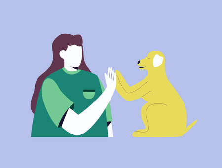 A girl without a face and her pet. A woman high-fives her dog. Bright vector illustration in a...