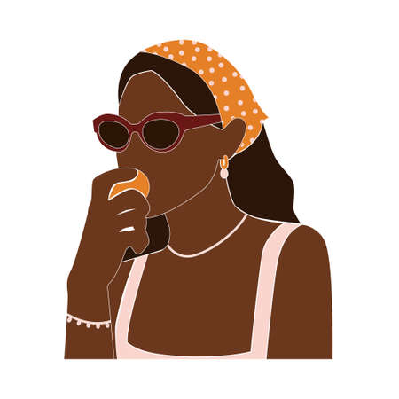 Modern abstract portrait of summer woman isolated on white background. Black faceless female in white dress and sunglasses. Trendy vector illustration.のイラスト素材