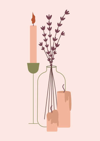 Beautiful abstract poster on pink backdrop.Cozy home concept. Plant and candles.Meditation print. Modern vector illustration.のイラスト素材