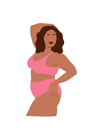 Curvy abstract woman posing in underwear. Modern plus size female portrait. Trendy vector illustration isolated on white background.のイラスト素材