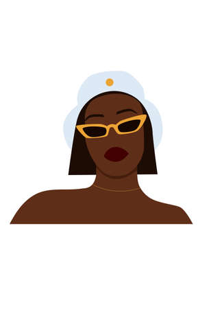 Abstract faceless portrait of black woman in sunglasses and jewelry. Beautiful summer female person. Trendy vector illustration isolated on white bachground.のイラスト素材