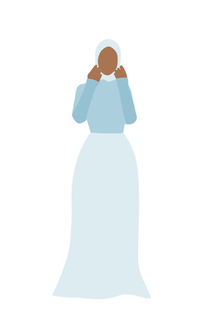 Muslim woman in dress. Beautiful bride in hijab. Modern vector illustration isolated on white background.のイラスト素材
