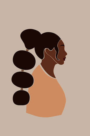 Portrait of faceless woman in profile. Abstract black girl with fashion hairstyle. Trendy minimal vector illustration isolated on white background.のイラスト素材