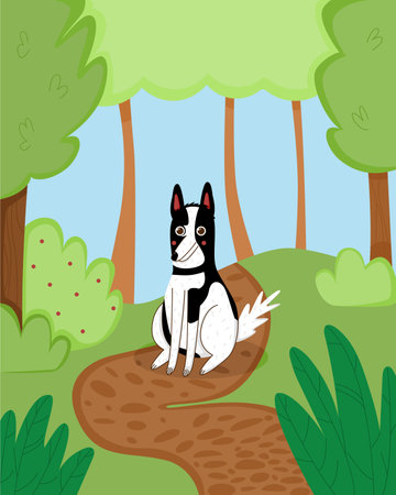 Cute cartoon dog in park. Funny beautiful poster with pet on walk. Nature leisure activity. Vector illustration.のイラスト素材
