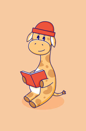 Cute funny giraffe with book in cartoon style. Doodle poster with animals character. Vector illustration isolated.のイラスト素材